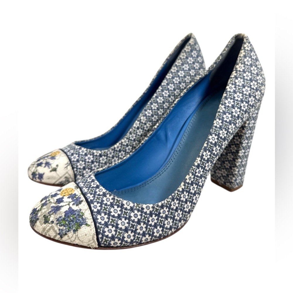 Tory Burch Ethel Block Heels Blue Canvas Grosgrain Floral Leather Size 10